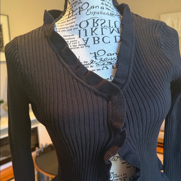 Mable Ribbed Black Ruffle-Trim Cardigan - Picture 2 of 10